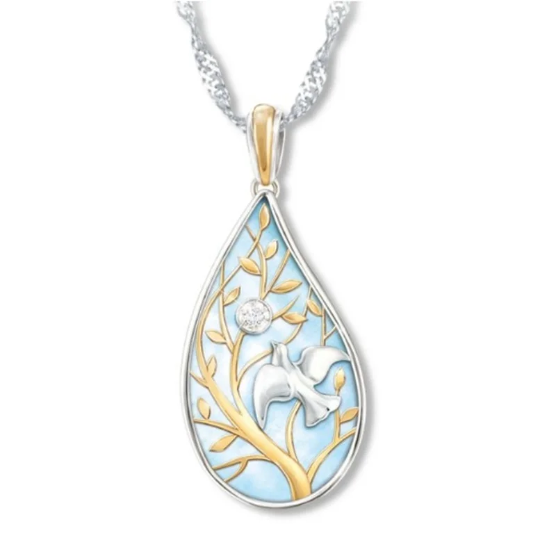 

New fashion creative drop-shaped pendant peace dove olive branch zircon necklace women noble and elegant charm jewelry gift
