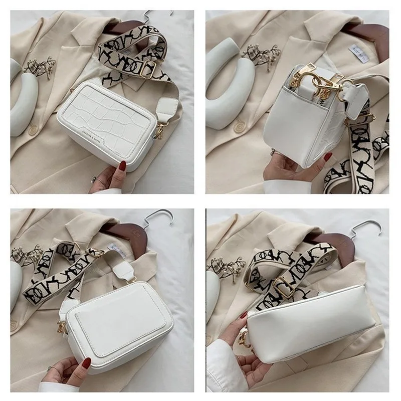 

Letter Print Wide Strap Crossbody Bag Women Crocodile Pattern Pu Leather Lady Shoulder Messenger Bag Mini Flap Square Female Bag