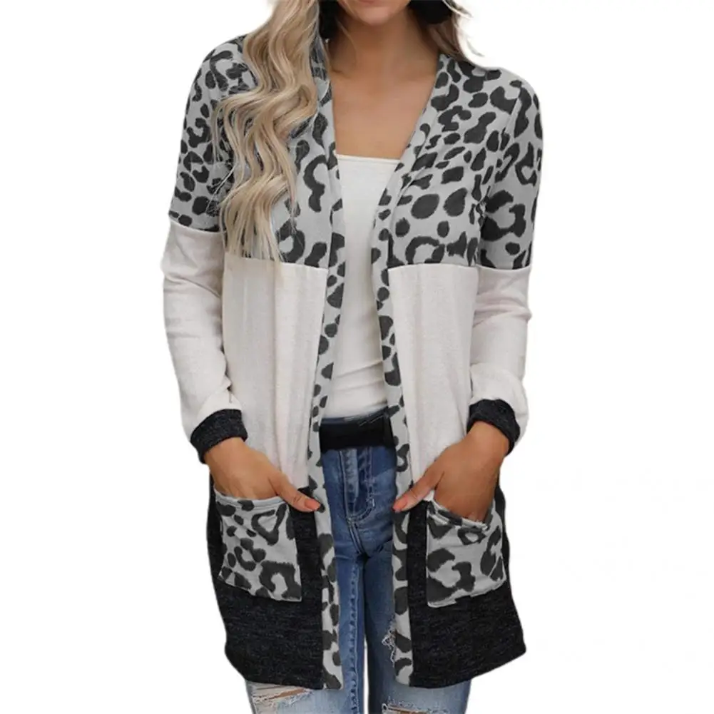

Autumn Sweater Two Pockets Chic Warm Leopard Print Patchwork Cardigan Sweater