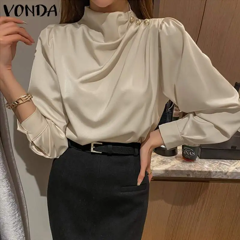 

Women Blouses VONDA Casual Long Sleeve Mock Neck Pleated Tops Loose Chiffon Bohemian Blusas Femininas Office Shirts S-5XL