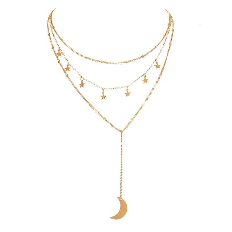 

Многослойное колье-чокер с цепочкой для женщин и девочек, золотистого цвета, подвеска в виде звезды и Луны, модные ювелирные изделия