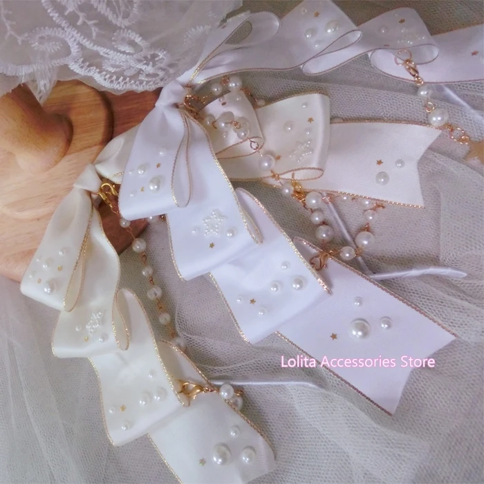 Белый бежевый обруч для волос с изображением звездного неба и бантиком KC