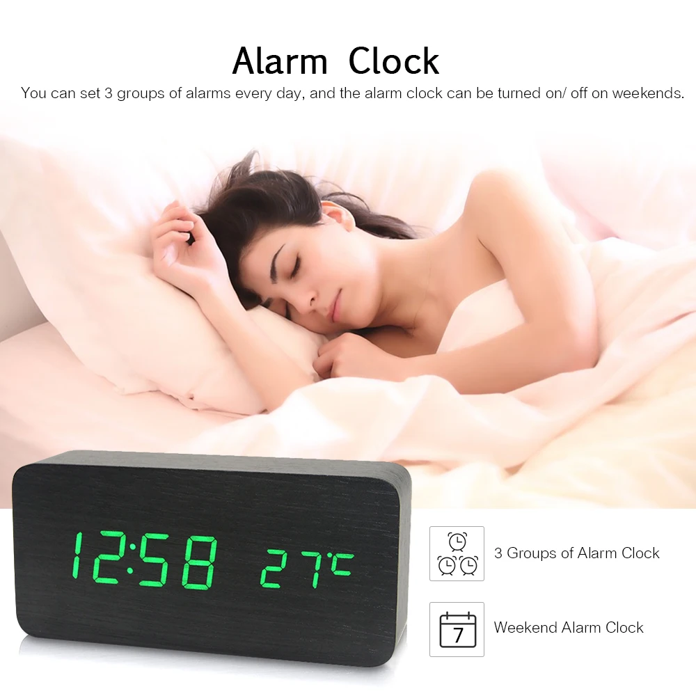 Электронный светодиодный цифровой Деревянный будильник часы с отображением