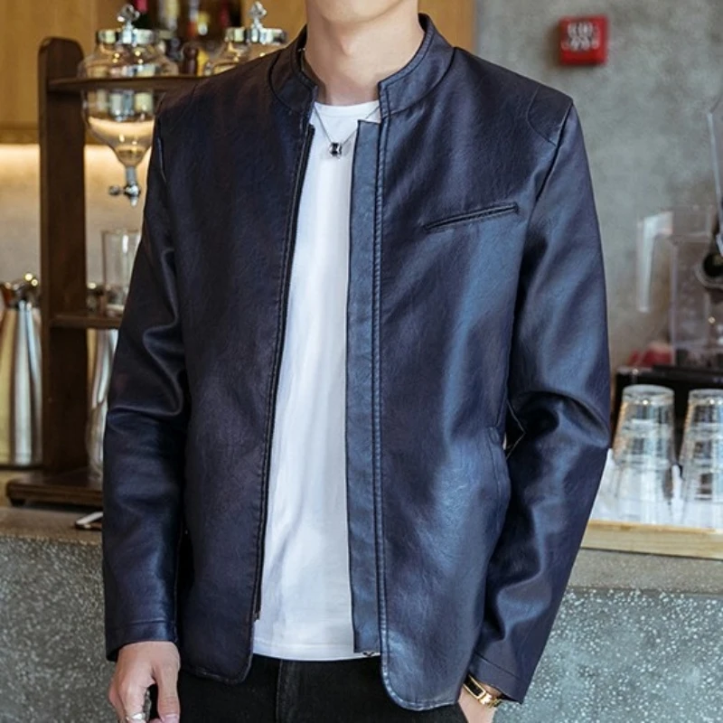 Куртка-бомбер мужская осенне-зимняя из искусственной кожи с воротником-стойкой