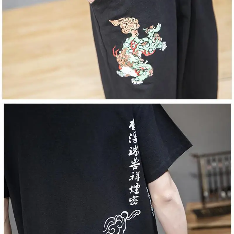 

M-5XL 2 Pieces Sets Men Short Sleeve Mandarin Collar Shirt + Loose Pants Set Chinese Style Lucky Cloud Embroried 2pcs Set Men