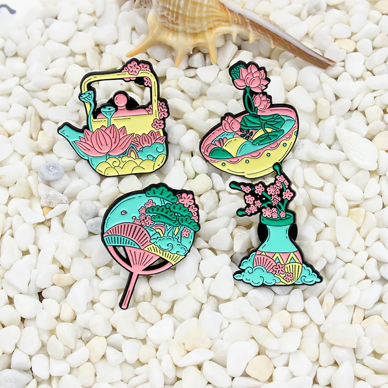 

Chinese style Flower Enamel Pins Bowl Vase Fan Kettle Teapot Brooches Bag Clothes Badge Lapel Jewelry Gift For Kids Friends
