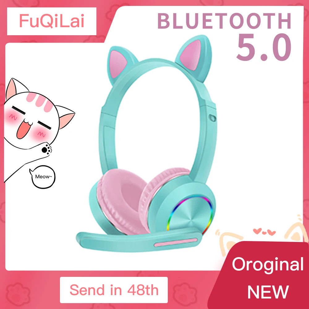 

Беспроводные Проводные Наушники Bluetooth 5,0, милая игровая гарнитура с кошачьими ушками, Hi-Fi, спортивные наушники с шумоподавлением, для звонко...