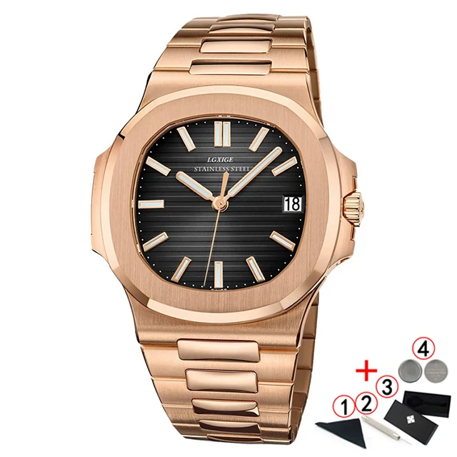 rose-black-add-box LGXIGE часы для мужчин s лучший бренд класса люкс полностью стальные военные наручные часы для мужчин 30 м водонепроницаемые бизнес светящиеся кварцевые часы - Цвет: rose-black-add-box
