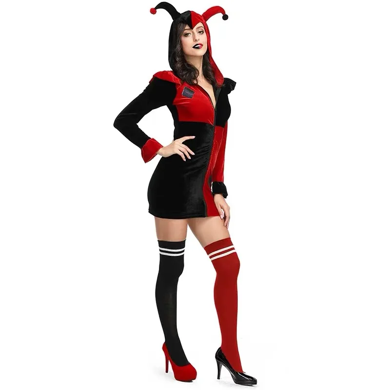 Women Droll Joker Cosplay Female Halloween Circus Clown Costumes Carnival Purim Parade Stage Nightclub Bar Role Play Party Dress