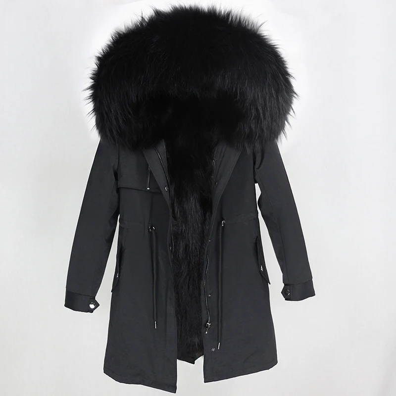 full black OFTBUY, водонепроницаемая парка, пальто из натурального меха, зимняя куртка для женщин, натуральный мех енота, меховой воротник, Лисий мех, подкладка, теплая Толстая Уличная верхняя одежда - Цвет: full black
