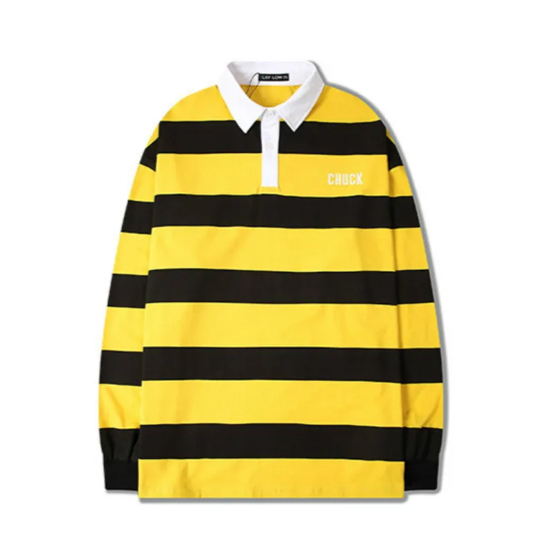 Мужская футболка поло с длинным рукавом в полоску стиле хип хоп ретро|Мужские