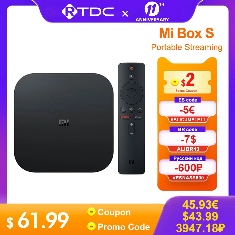 Приставка ТВ Xiaomi Mi Box S фирменный цифровой медиаплеер Ultra HD 4K HDR Android 8.1 2G/8G Wi Fi Google