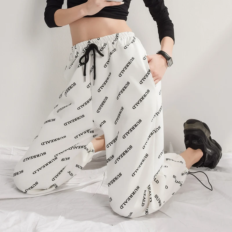 Брюки женские с широкими штанинами и надписью летние свободные штаны высокой