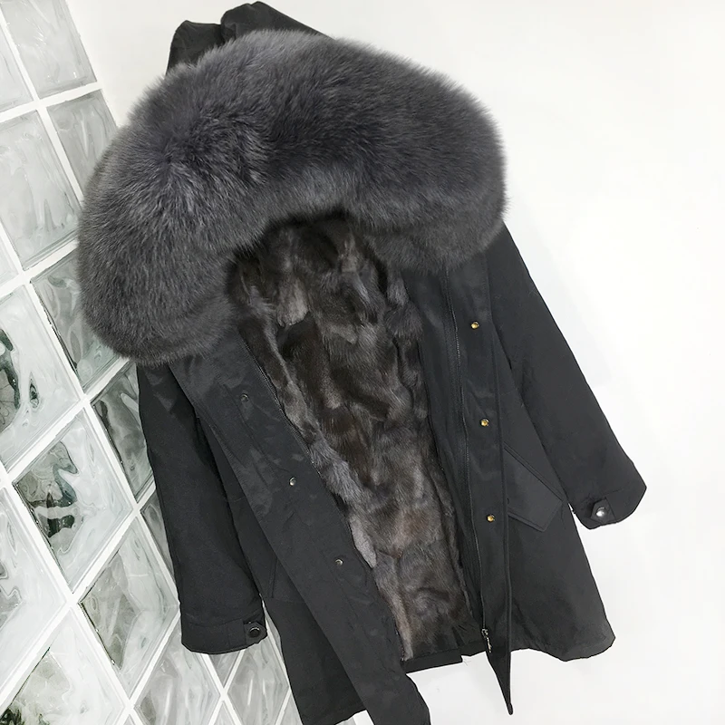 Plus Size Real Fur Coat Waterproof Parka Mujer Winter Jacket Women Natural Fox Fur Collar Liner Hood Thick Warm Outerwear Hat - Color: MiddleLong Grey