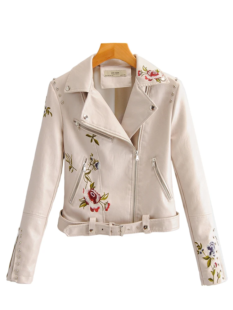 Spring Autumn Women PU Leather Jacket Fashion Embroidery Chic Rivets with Belt Biker Jackets Zippers Ladies Coats Outerwear