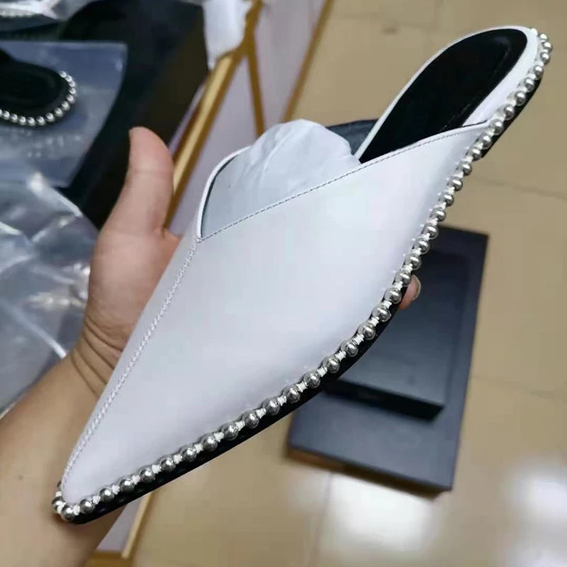 

Summer pointed toe Flat Slippers Women string beaded Metal Bordered mules sandals 2021 real leather Shallow female Lazy muller