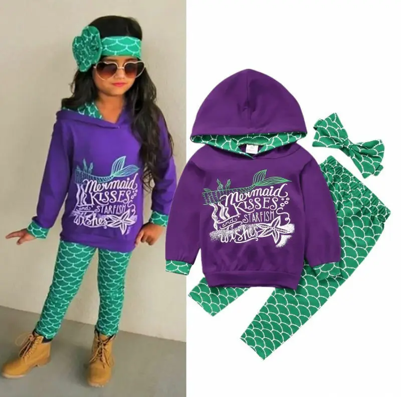 Toddler Girls Outfits Sport Mermaid 3pcs Set Long Sleeve Hooded Purple Printed Tops Pants Leggings Headband 1-6T Newborn Clothes | Детская