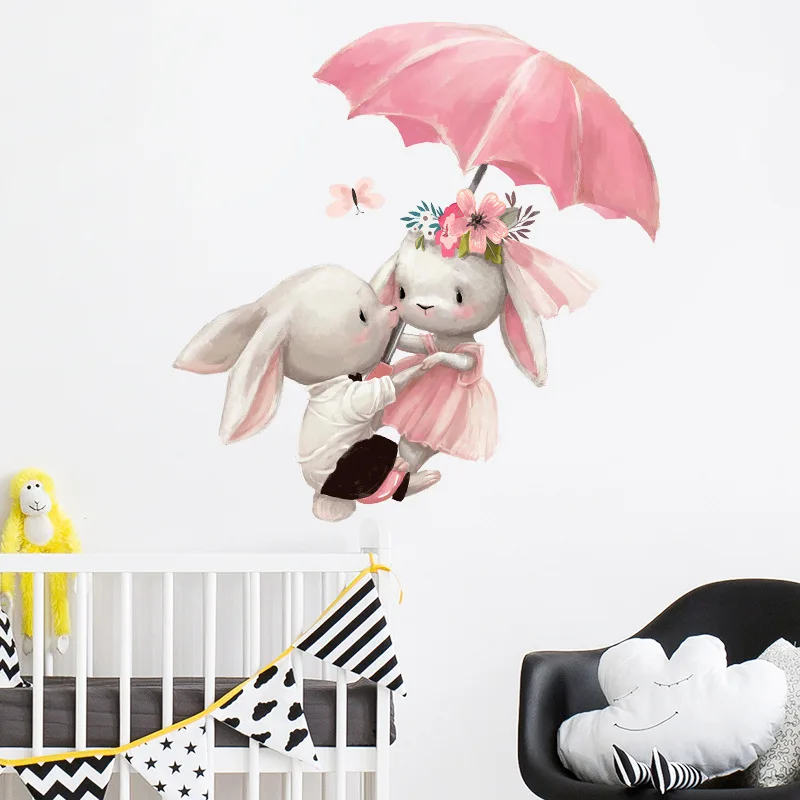 

Couple Bunny Under Umbrella Wall Sticker Kids Room Home Decoration Wallpaper Living Room Bedroom Removable Mural Rabbit Stickers