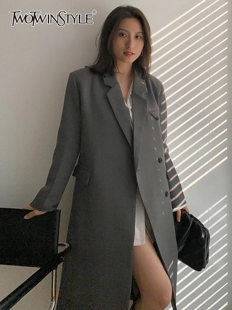 

TWOTWINSTYLE Casual Blazers For Women Notched Loose Long Sleeve Plain Single Breasted Coats Female 2021 Fashion Autumn Clothing