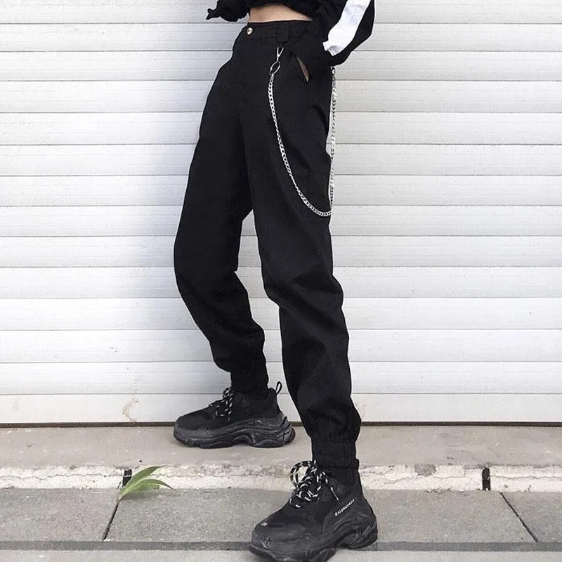 

Брюки-карго женские с завышенной талией, модные однотонные брюки до щиколотки, свободные джоггеры с цепочкой, повседневные штаны