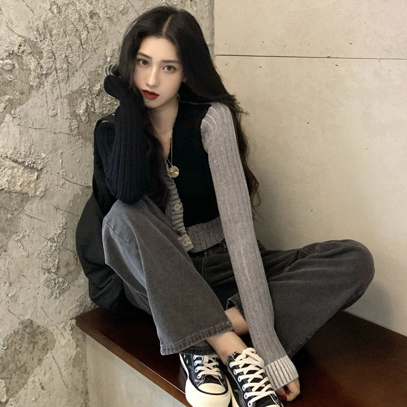 

2021 Spring Casual V-neck Cardigan Women Loose Buttons Long Sleeve Outerwear Female Patchwork Knitting Coat Ladies Y743
