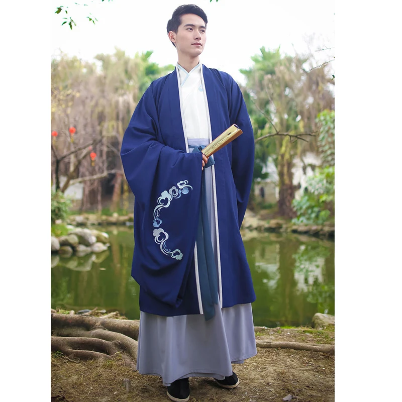 

Мужское платье Hanfu в китайском стиле, современный этнический Ретро винтажный костюм с цветочной вышивкой и длинными рукавами для студентов ...