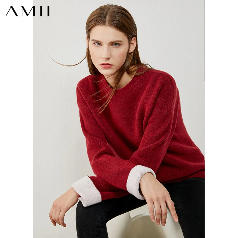 

Amii Minimalism Autumn Winter Fashion Sweaters For Women Causal Oneck Spliced Loose Women's Sweater Female Pullover 12040570