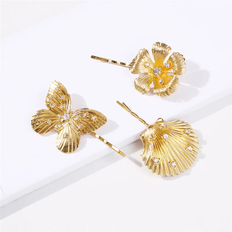 Винтажная металлическая заколка Стразы с бабочкой цветком ракушкой золотого