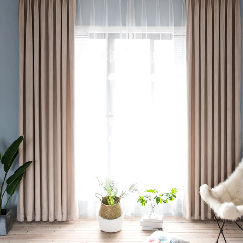 

Pure Cotton Linen Blackout Curtains Living Room Bedroom Wood Color Scandinavian Modern Minimalist Curtains