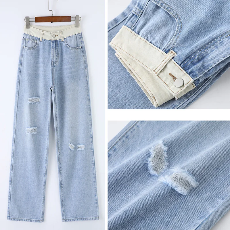 

With Holes Denim Pants Female Spring and Autumn 2021 New Style Loose Straight Pants Sub-High-waisted Slimming Drooping Wide-Leg