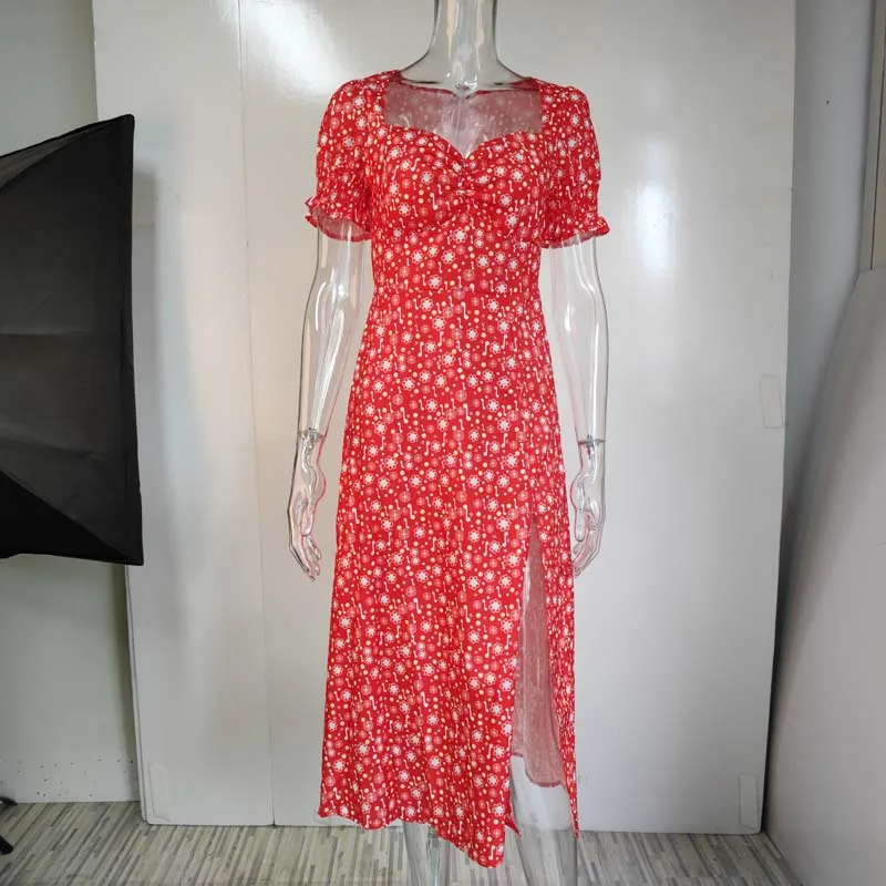 

2021 Summer Puff Sleeve Dress Women Sundresses Long Floral Print Party Dress Ladies Dot Plus Size Dress For Women Robes Femme