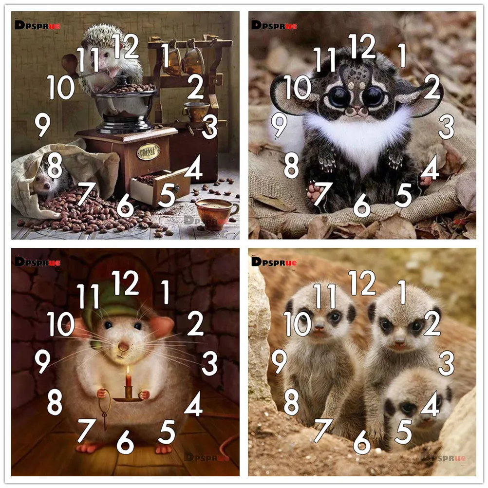 

Dpsprue Full Diamond Painting Cross Stitch Animals With Clock Mechanism Mosaic 5D Diy Square Round 3d Embroidery Gift