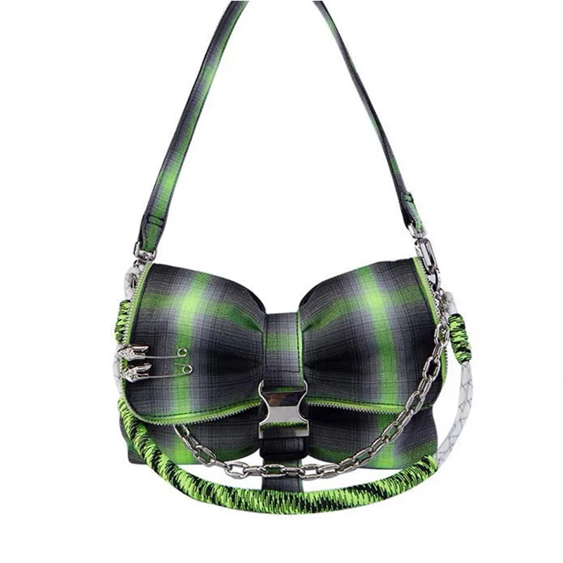 

Cotton Tote Bag Women Shopper Bag Luxury Designer Handbag 2021 New Fashion Spice Girl Style Green Plaid Bow Chain Crossbody Bags