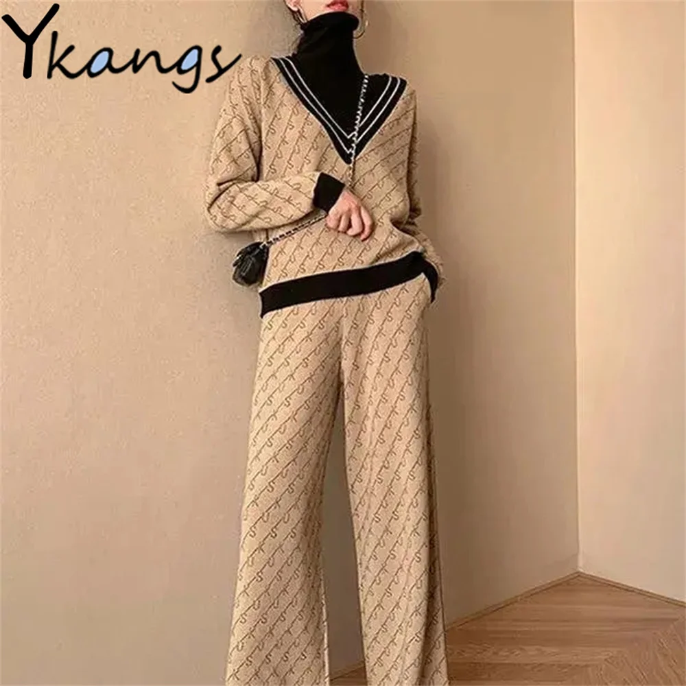 

Женская повседневная одежда, модный жаккардовый вязаный пуловер с буквенным принтом и V-образным вырезом, свитеры, элегантные свободные брю...