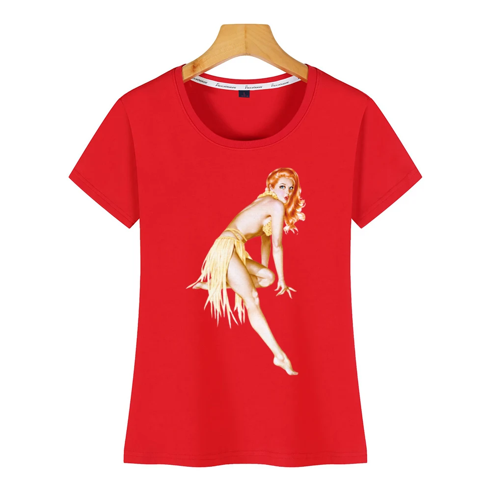 Топы Футболка Для женщин ретро стиле пин-ап для девочек красный темно-бежевый