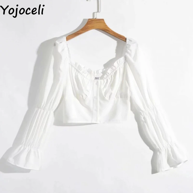 Yojoceli элегантная белая блузка с открытыми плечами и рюшами Женская Осенняя