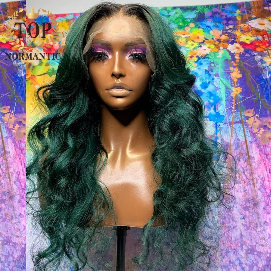 Topnormantic Ombre Green Color Remy Indian Human Hair Wigs With Baby 13X4 Lace Front Loose Wave Wig Preplucked | Шиньоны и парики