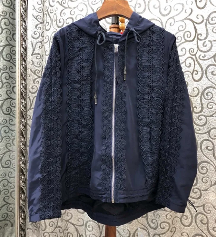 

Jacket High Quality 2021 Autumn Casual Tops Coat Women Appliques Lace Patchwork Long Sleeve Zipper Jacket Pink Dark Blue Black