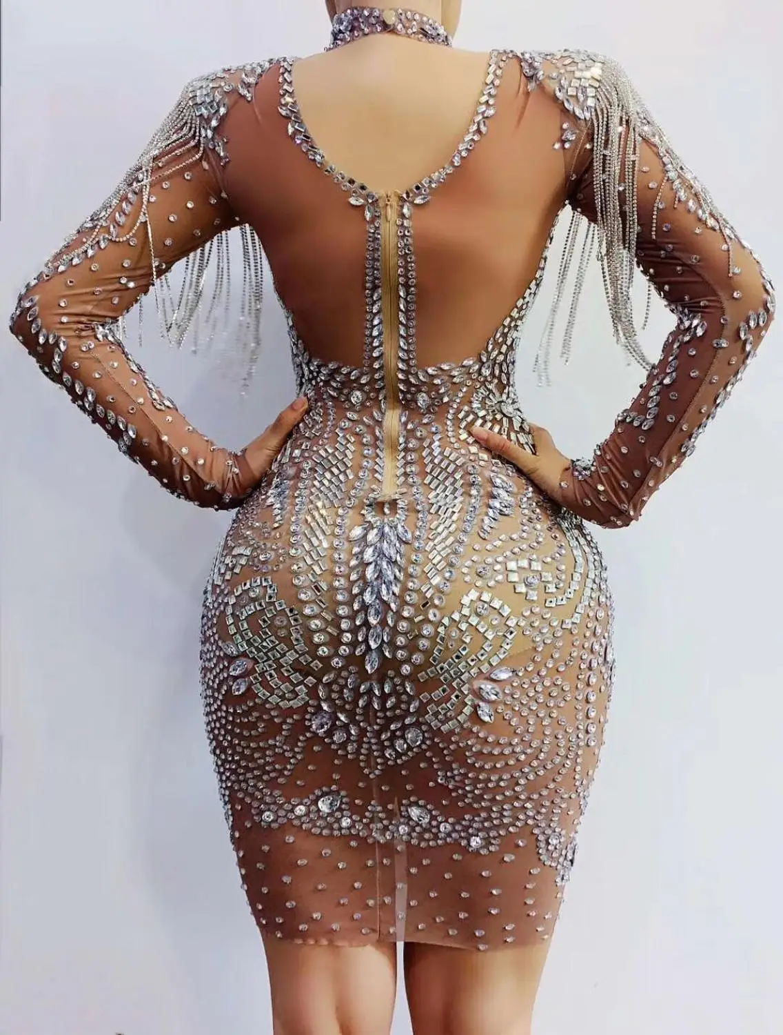 

Top Quality Sexy Sparkly Silver Rhinestone Mesh Women Mini Dress Bodycon Singer Birthday Celebration Bar Tassel Dancer Costume