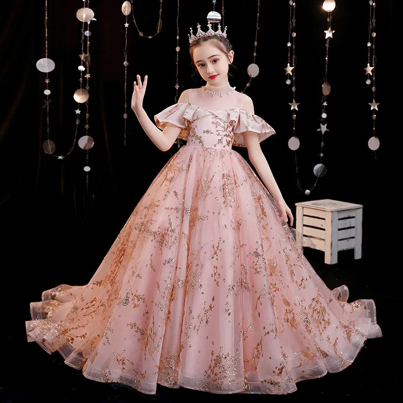 Children Girls High Quality Luxury Sweet Pink Model Catwalk Communication Princess Long Tail Dress Wedding Party Birthday | Детская