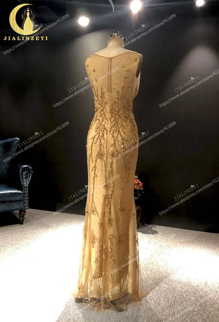 JIALINZEYI Gold Beads Crystal lace V Neck Mermaid Floor Length robe de soirée de mariage Fromal dress Evening Dresses