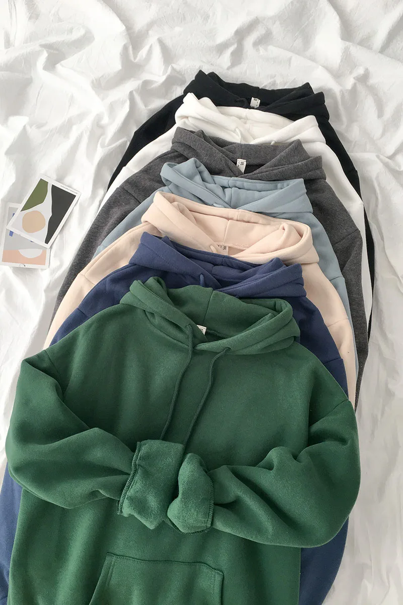 

Autumn Winter Thick Plus Velvet Sweatshirts Women Harajuku Hooded Drop Shoulder Solid Color Warm Loose Korean Hoodies for Female