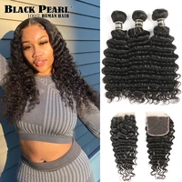 black pearl deep wave bundles with closure remy malaysian hair 30 inch bundles with closure 3 bundles with closure human hair
