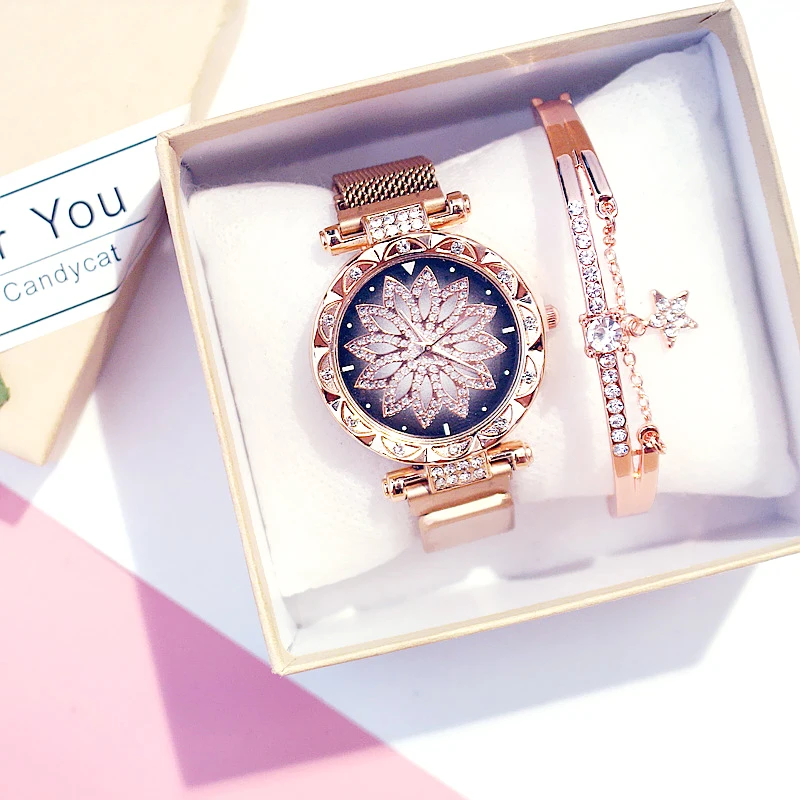 Женский браслет часы набор Роза счастливый цветок Нержавеющая сталь магнит