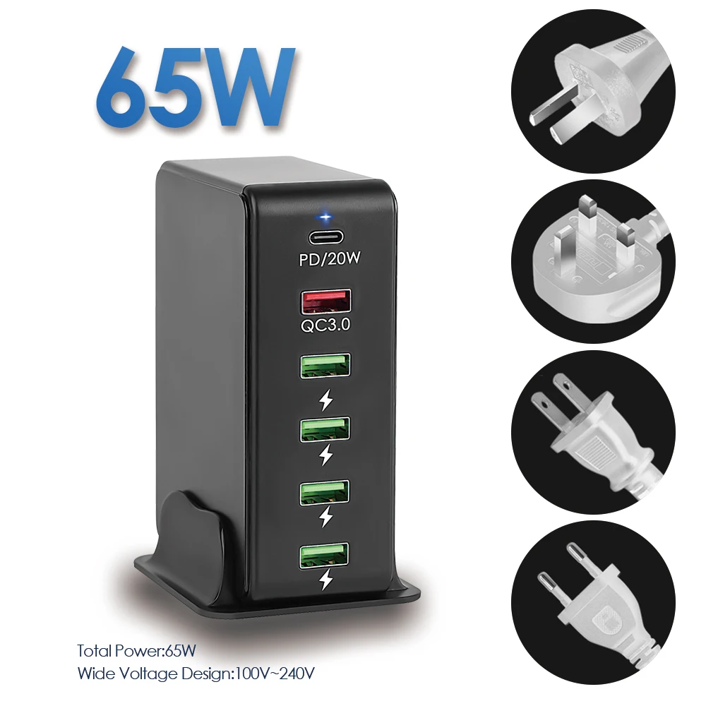 

ILEPO 65W Charger PD 20W USB C Fast Charge QC3.0 Quick Charger For iPhone 13 12 Samsung Huawei 6 Ports Desktop Charging Station