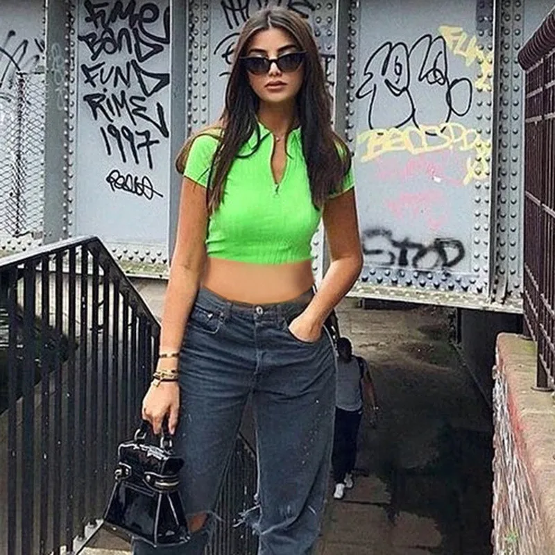 Короткий Летний неоновый Топ для женщин 2019 уличная футболка с высоким воротом и