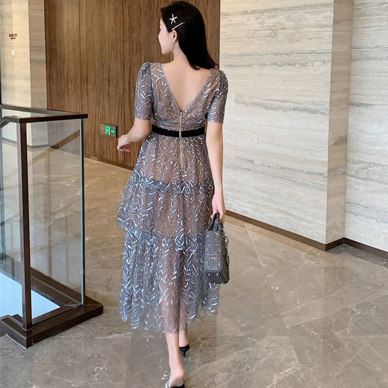 

High Quality High Quality 2021 New Summer Dresses for Women Embroidered Sequins V Neck Lace Patchwork Retro Party Long Dress