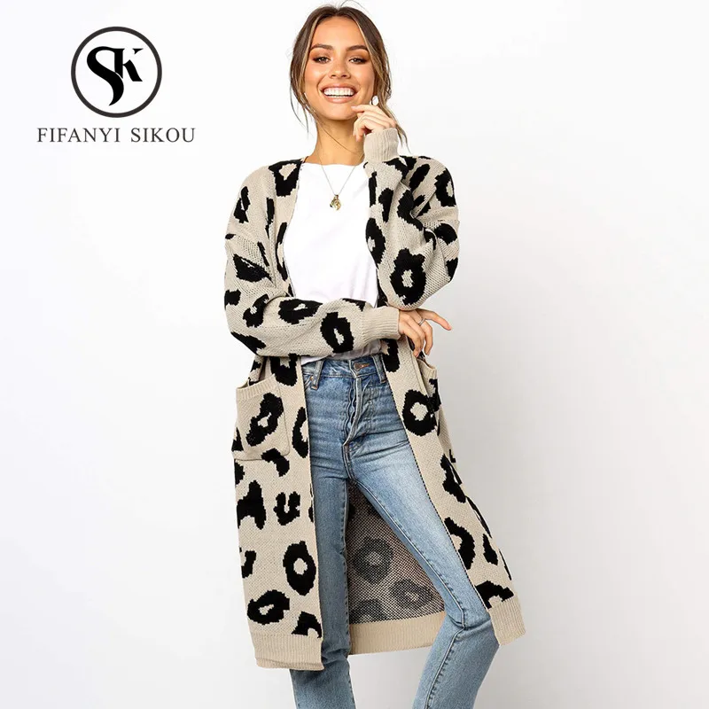 Модный вязаный свитер с леопардовым принтом женский длинный кардиган пальто