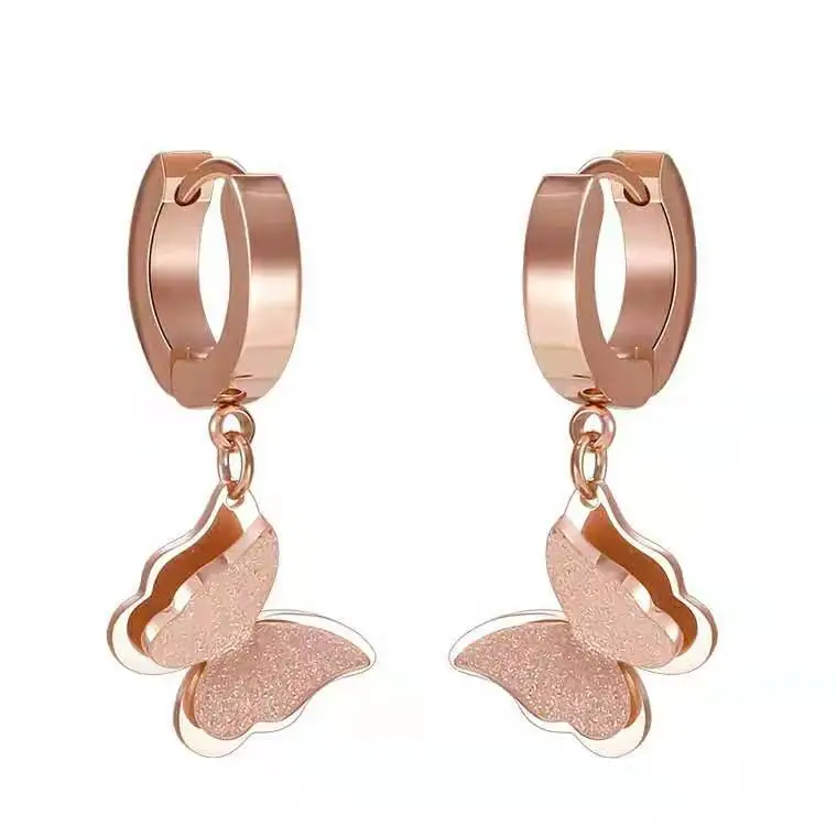 Серьги с двойной бабочкой из титановой стали цвета розового золота 100% гарантия