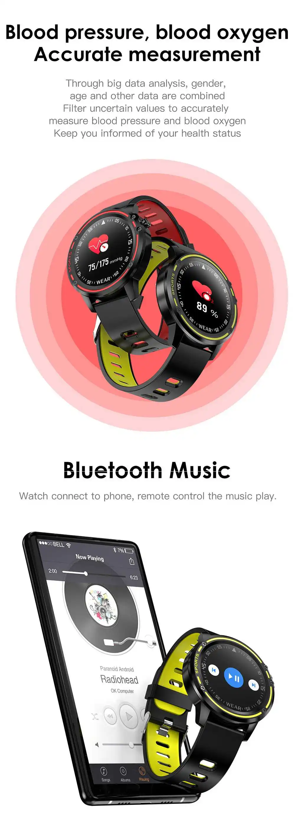 Bakeey L8 ECG+ PPG монитор кровяного давления O2 Смарт-часы погода толчок bluetooth Музыка Смарт Спорт носимые устройства
